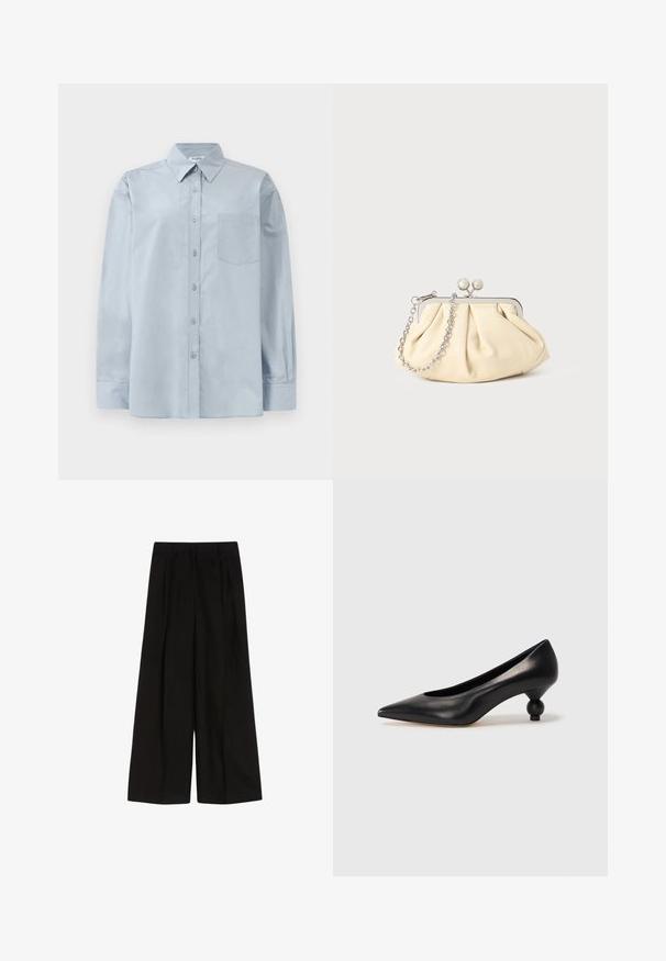 Šviesiai mėlynas ilgomis rankovėmis marškiniai su smailiu apykakle ir krūtinės kišene, ištiesti ant baltos fono.; Juodos plačios kojų kelnės su aukštu liemeniu, pasižyminčios klostėmis ir lygiu tekstūriniu audiniu. Švarus dizainas be matomų detalių ar puošmenų.; Juoda odinė aukštakulnė bateliai su smailiu pirštu ir apvaliu, iškiliu kulnu. Lygus paviršius su elegantišku, minimalistiniu dizainu.; Plyšiniai smėlio spalvos odiniai rankinukai su sidabriniu metaliniu rėmu, turintys du apvalius dekoratyvinius užtrauktukus ir sidabrinę grandinėlę.