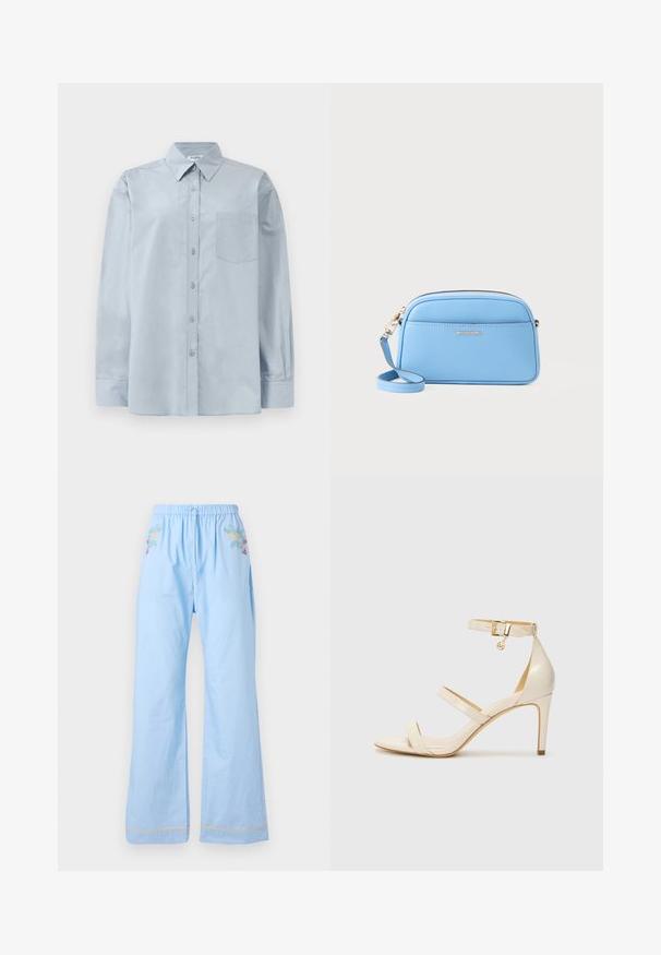 Ανοιχτό μπλε πουκάμισο με μακριά μανίκια, κουμπιά και μυτερό γιακά, με τσέπη στο στήθος, απλωμένο σε λευκό φόντο.; Ανοιχτό μπλε βαμβακερό παντελόνι με ελαστική μέση, που διαθέτει λουλουδάτη κεντημένη διακόσμηση μπροστά και αντίθετες ραφές στις άκρες.; Μπεζ ψηλοτάκουνα σανδάλια με λεπτό λουράκι στον αστράγαλο και δύο επάνω λουράκια. Λαμπερή πατενέ φινίρισμα και χρυσές λεπτομέρειες στο λουράκι του αστραγάλου.; Φωτεινό μπλε δερμάτινο τσάντα σώματος με χρυσές λεπτομέρειες, κλείσιμο με φερμουάρ και μπροστινή τσέπη. Διαθέτει ρυθμιζόμενο λουράκι για ευκολία.