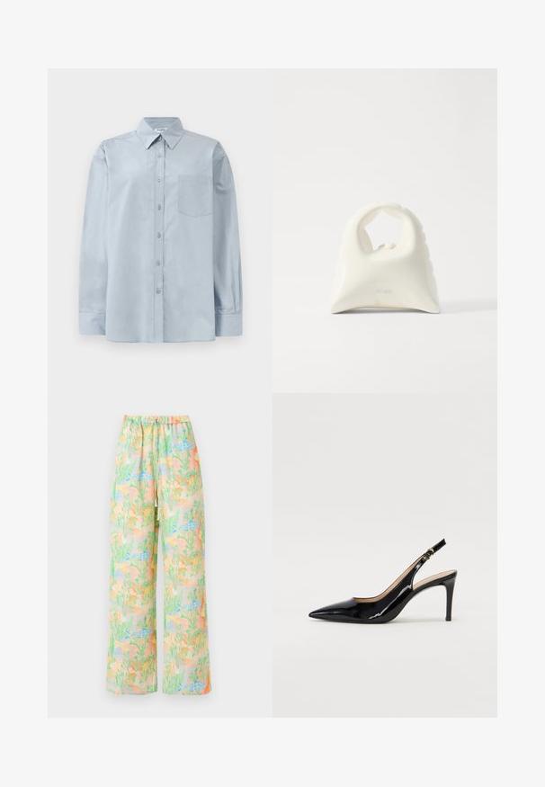 Gai zila garām piedurknēm pogājama krekla ar norādītu apkakli un krūšu kabatu, izlikts uz balta fona.; Platas kājas bikses no viegla auduma ar pasteļtoņu zīmējumu, kurā attēloti zivis un augi. Elastīga josta ar saite detaļu.; Melnas lakotās ādas slingback kurpes ar izteiktu degunu, šauru papēdi un smalku izgriezumu dizainu. Siksniņai ir zelta sprādze.; Balta soma ar teksturētu, izliekta dizaina. Iezīmējas ar izteiktu rokturi un noapaļotu apakšu, gluda apdare un minimāla aparatūra.