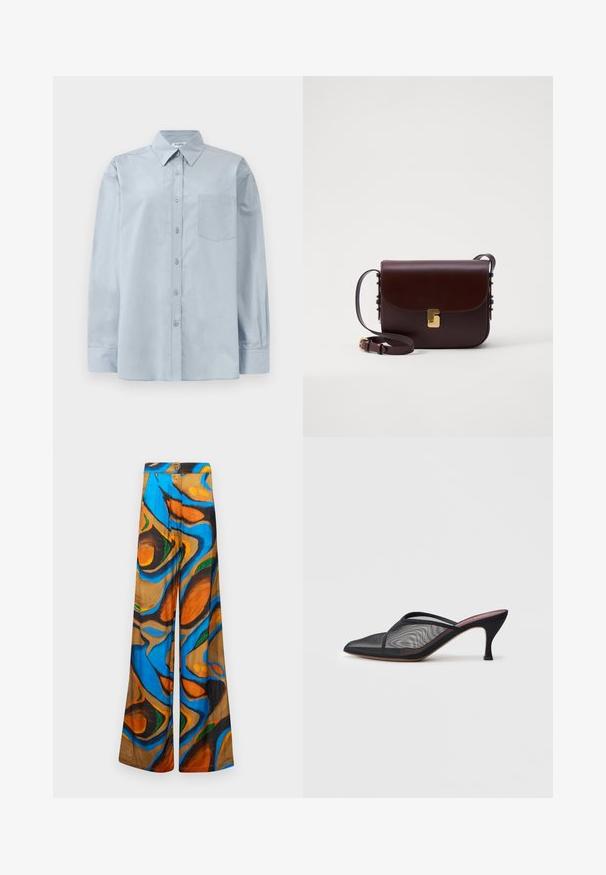 Ljusblå långärmad skjorta med knappar, spetsig krage och bröstficka, lagd platt på en vit bakgrund.; Breda byxor med ett flerfärgat abstrakt mönster i blå, orange och bruna nyanser. Tillverkade av lättviktsmaterial med en slät textur.; Svart nätmule med spetsig tå, tunna remmar och 3-tums stilettklack. Har genomskinlig textur och en enfärgad sula.; Brun läderväska med lockstängning, guldfärgade detaljer och en justerbar rem. Har en slät yta och en elegant rektangulär form.