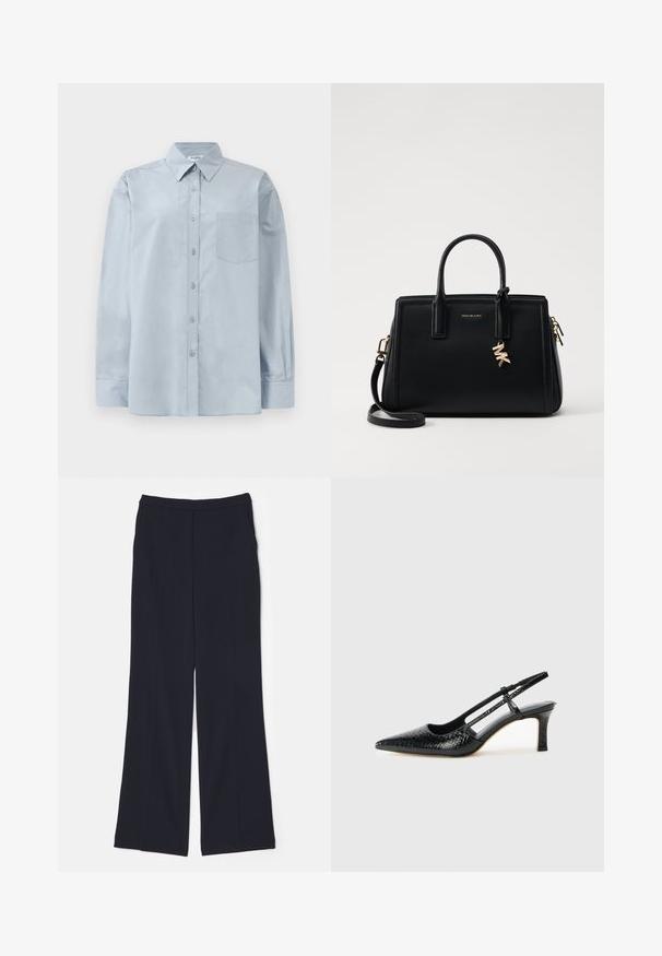 Svijetloplava košulja dugih rukava s gumbima, s oštrim kragnom i džepom na prsima, položena ravno na bijeloj pozadini.; Mornarsko široke hlače izrađene od glatkog materijala, s visokim strukom i dva prednja nabora koja se protežu niz noge.; Crne lakirane slingback pete s oštrim vrhom, s teksturiranim uzorkom zmijske kože, podesivom remenom i kratkom, teksturiranom blok-petom.; Crna kožna torba s strukturiranim dizajnom, dvostrukim gornjim ručkama, odvojivim remenom za rame, zlatnim detaljima i akcentom s logom.