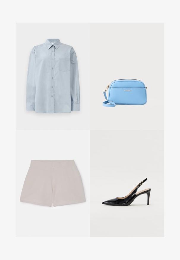 Svetlo modrá košeľa s dlhým rukávom, gombíková, s špicatým golierom a náprsníkom, položená na bielom pozadí.; Béžové bavlnené šortky s elastickým pásom a textúrovaným povrchom, so strihom rovnými nohavicami a bez viditeľných vreciek či detailov.; Čierne lakované kožené slingback lodičky s špicatou špičkou, štíhlým podpätkom a jemným výrezom. Obsahuje zlatú pracku na remienku.; Svetlomodrá kožená crossbody taška so zlatými detailmi, zipsom a prednou vreckom. Obsahuje nastaviteľný popruh pre pohodlné nosenie.