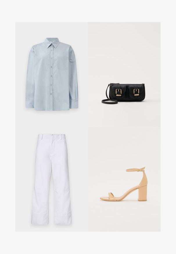 Ljusblå långärmad skjorta med knappar, spetsig krage och bröstficka, lagd platt på en vit bakgrund.; Vita bomullsbukser med rak skärning, med vikta fållar och sidofickor. Enkel design utan synliga mönster eller detaljer.; Nude patentläder klacksandaler med fyrkantig tås, ankelrem och en chunky blockklack. Slät textur och minimala design detaljer.; Svart läderaxelväska med två framfickor, guldspännen, dragkedjestängning och en smal rem. Texturerad yta och kompakt rektangulär form.