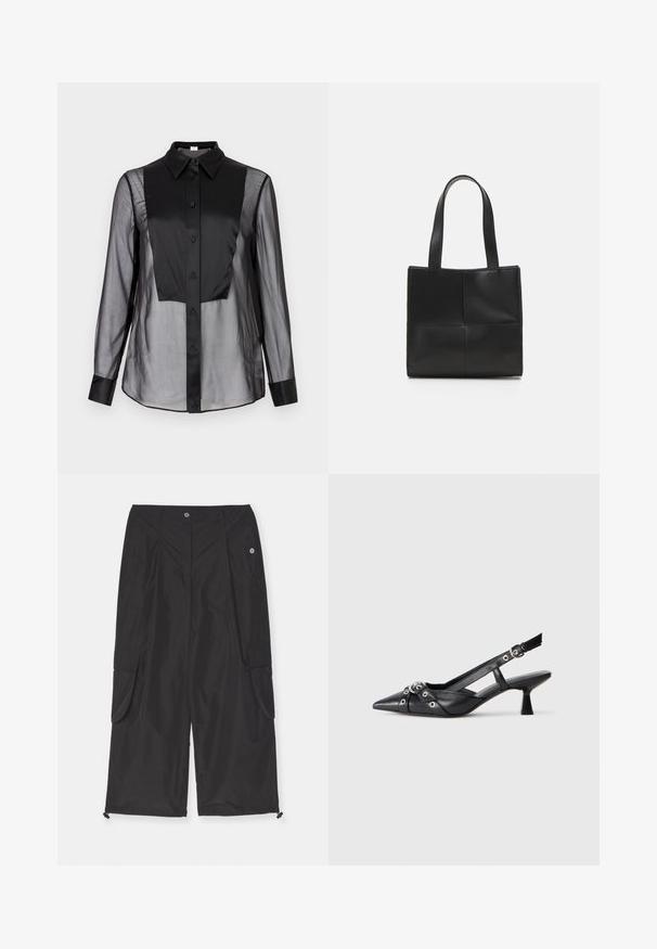 Černá košile na knoflíky s průhledným předním dílem a pevným černým panelem. Obsahuje límeček, dlouhé rukávy a hladkou texturu.; Černé cargo kalhoty vyrobené z lehké tkaniny mají boční kapsy, nastavitelné šňůrky na spodním okraji a zapínání na knoflík.; Černé kožené slingback boty s špičatou špičkou, dekorativními pásky s kovovými očky a nízkým blokovým podpatkem. Texturovaný povrch.; Černá kožená taška přes rameno s dvěma uchy, obdélníkový tvar, hladký povrch a šitý design panelů. Bez kovových doplňků nebo dalších akcentů.