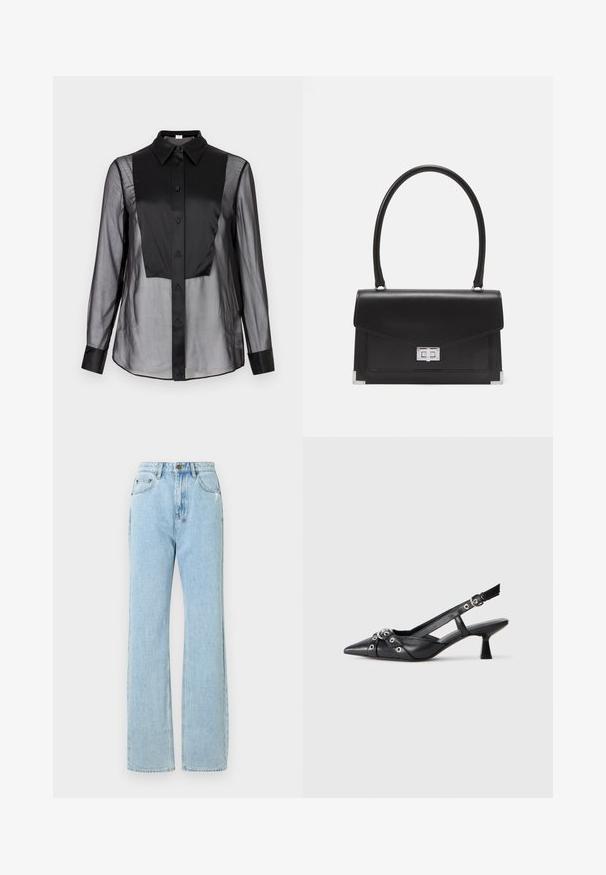 Melna pogājamā krekla ar caurspīdīgu priekšpusi un cietām melnām daļām. Iemontēts apkakles kakls, garas piedurknes un gluda tekstūra.; Gai zilas džinsu bikses ar taisnu kāju dizainu, kuru priekšā ir rāvējslēdzis, piecas kabatas un smalkas nodiluma detaļas.; Melnas ādas šlipsveida kurpes ar norādītu purngalu, dekoratīvām joslām ar metāla acīm un zemu bloku papēdi. Teksturēta virsma.; Melna ādas rokassoma ar strukturētu dizainu, augšējo rokturi un sudraba sprādzi. Iekļauj stūru akcentus un gludu tekstūru.