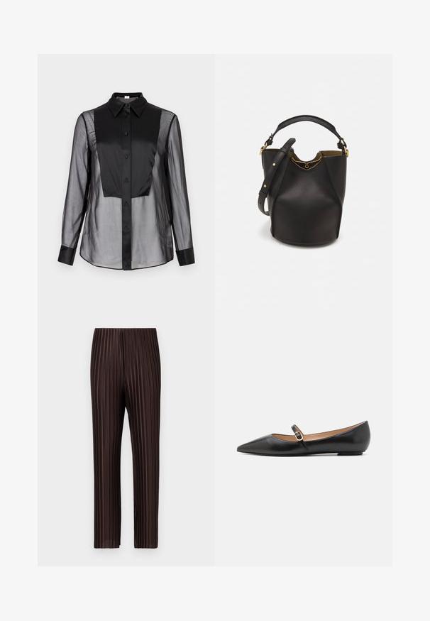 Fekete gombos ing, átlátszó elülső résszel és egyszínű fekete panelekből. Galléros nyakkal, hosszú ujjú, és sima tapintású.; Barna plisszírozott nadrág elasztikus derékpánttal, Függőleges vonalakkal, egyenes lábszárral és könnyű, lágy anyagtextúrával.; Fekete bőr balettlapok hegyes orral és oldalsó pánttal, amelyen egy kör alakú arany dísz található. Könnyű, lapos talpú.; Fekete bőr vödör táska texturált felülettel, arany hardware részletekkel és nyitott tetejével. Rövid fogantyúval és állítható vállpánttal rendelkezik.