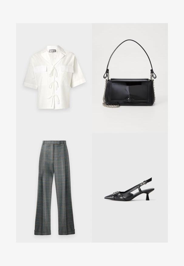 White short-sleeve shirt with a collar, featuring two front pockets and a tie closure down the middle. Textured fabric with a subtle pattern.; Plaid trousers featuring a blue, gray, and orange color scheme, wide leg design, and pressed creases; made from a textured fabric.; Black leather slingback shoe with a pointed toe, decorative straps featuring metal eyelets, and a low block heel. Textured surface.; Black patent leather handbag with a rectangular shape, chain strap, and a distinctive hardware accent in the center. Smooth texture.