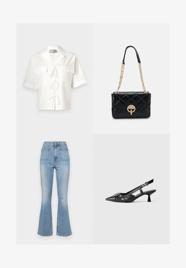 Camisa blanca de manga corta con cuello, que presenta dos bolsillos delanteros y un cierre de corbata en el centro. Tejido texturizado con un patrón sutil.; Jeans acampanados de un azul claro con cintura alta, cinco bolsillos y un sutil efecto de decoloración cerca del dobladillo. Hechos de tela de algodón de mezclilla.; Zapato de slingback negro de piel con punta afilada, correas decorativas con ojales de metal y un tacón bajo y ancho. Superficie texturizada.; Bolso de mano de piel negra acolchada con una correa de cadena dorada, que presenta un detalle de cierre circular. Forma rectangular compacta con una textura suave.