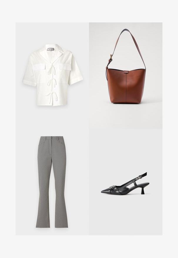Cămașă albă cu mânecă scurtă și guler, având două buzunare frontale și închidere cu cravată pe mijloc. Țesătură texturată cu un model subtil.; Pantaloni evazați într-un model geometric bleumarin și crem. Confecționați dintr-o țesătură texturată, cu talie ajustată și tiv evazat.; Pantofii slingback din piele neagră, cu vârful ascuțit, curele decorative cu ochiuri din metal și toc bloc mic. Suprafață texturată.; Geantă de umăr din piele maro, cu o formă curbată, textură netedă și o curea subțire. Prezintă o cusătură subtilă și un detaliu mic cu logo.