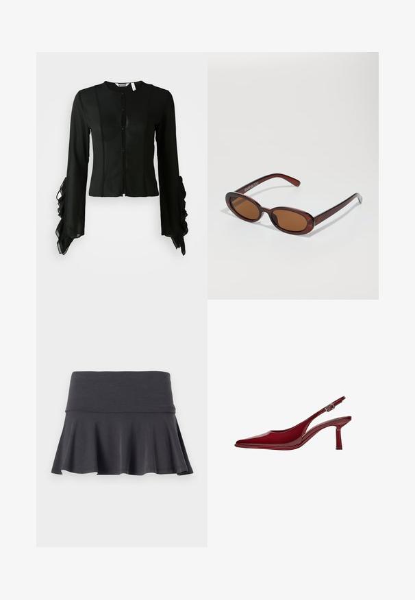 Black blouse made of smooth fabric, featuring a high neckline, button front, and long sleeves with ruffled accents at the cuffs.; Gray flared skirt made from soft fabric with a fitted waistband. The hemline adds a gentle flare, enhancing movement and comfort.; Bershka Classic heels - dark red; Round, brown-tinted sunglasses with a glossy burgundy frame. Slim arms with subtle branding detail. Flat lens design.; Red synthetic leather shoulder bag with a fold-over flap, silver snap accents on the strap, and a printed "Desigual" logo.