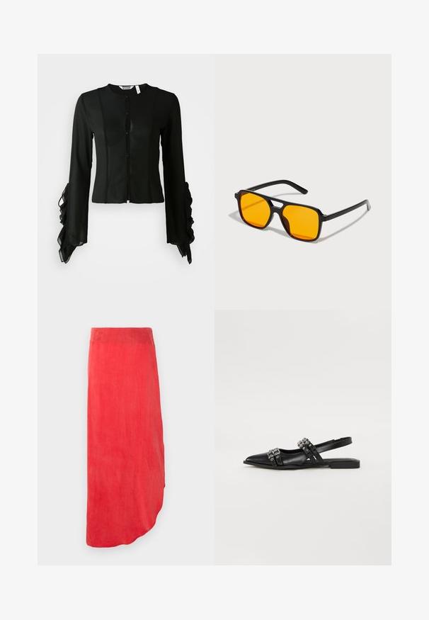 Melns blūze, kas izgatavota no gludas auduma, ar augstu izgriezumu, pogu priekšpusi un garām piedurknēm ar ieplūdes akcentiem pie aprocēm.; Sarkana kleita līdz potītēm, izgatavota no gludas, vieglas auduma. Tam ir izliekta apakšmalu un vienkrāsains dizains bez redzamām rakstiem vai rotājumiem.; Even&Odd Balerīnas laiviņas - black; Melni taisnstūra saulesbrilles ar spilgti oranžām lēcām. Iespējota unikāla tilta dizainu un slaidas kājas, izgatavotas no viegla materiāla.