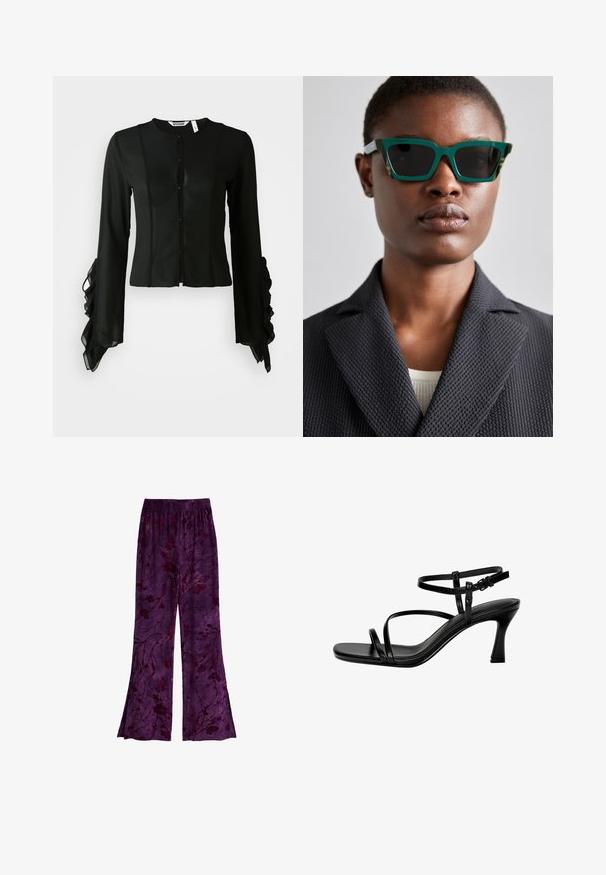 Crna bluzica od glatkog materijala, s visokim dekolteom, dugim rukavima i prednjim zatvaranjem na dugmad, sa nabranim detaljima na manžetama.; Ljubičaste lepršave hlače s cvjetnim uzorkom u tamnijim nijansama, izrađene od lagane tkanine s elastičnom trajnicom. Široke su u dizajnu.; Crne kožne sandale s potpeticom, s tankim trakicama, kvadratnim prstom i stiletto potpeticom. Podešavajuća traka oko gležnja za bolj fits. Glatka tekstura.; Zelene sunčane naočale s uzorkom i geometrijskim okvirom; tamne leće; model nosi teksturirani crni sako preko svijetle bluze.; Crna sintetika torba za rame s zakrivljenim oblikom, teksturiranim završetkom, zlatnim trokutastim logotipom i odvojivim hardverskim naglascima.