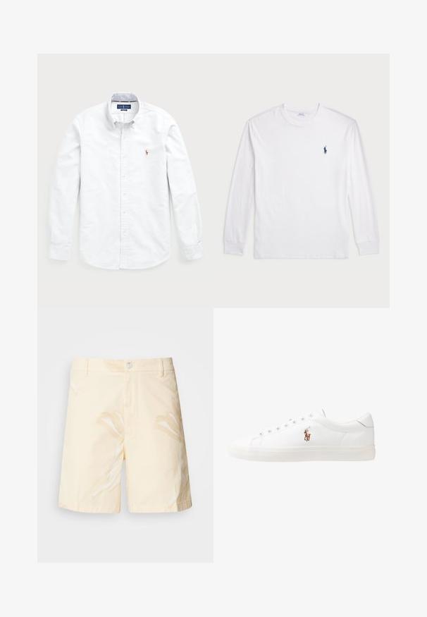 Biela košeľa s dlhým rukávom a gombíkmi vyrobená z bavlny. Má rozšírený golier, zapínanie na gombíky a malé vyšívané logo na hrudi.; Biele tričko s dlhým rukávom vyrobené z bavlny. Má okrúhly výstrih, pružné manžety a malé námornícky modré logo polo na ľavej hrudi.; Bavlnené šortky v svetlo žltej farbe s kvetinovým vzorom. Majú zapínanie na gombík, predné vrecká a rovný strih s lemovanými okrajmi.; Biele kožené tenisky s nízkym strihom, s hladkou textúrou, okrúlym špičkou, šnurovaním vpredu a malým vyšitým logom na boku.