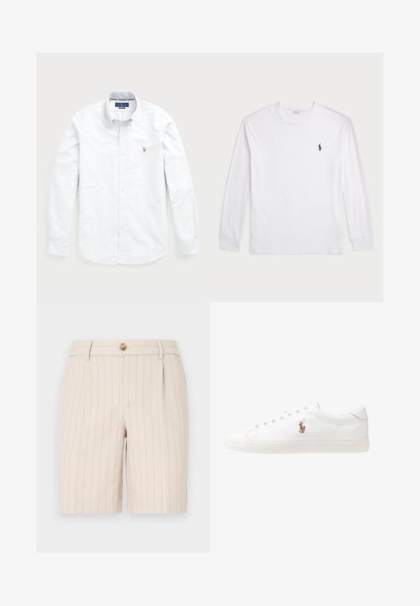 Bela srajca z dolgimi rokavi in gumbi, izdelana iz bombaža. Ima razprostran ovratnik, gumb zapiranje ter majhen vezen logotip na prsih.; Bela dolga majica s dolgimi rokavi iz bombaža. Ima okroglo ovratnico, rebraste manšete in majhen temno moder polo logo na levem prsnem delu.; Bež kratke hlače iz lahkega materiala, z vzorcem pinstripes, sprednjim gumbom za zapiranje in stranskimi žepi.; Bela usnjena teniski čevlji, nizki model, z gladko teksturo, okrogle konice, vezavi spredaj ter majhnim vezenim logotipom na strani.