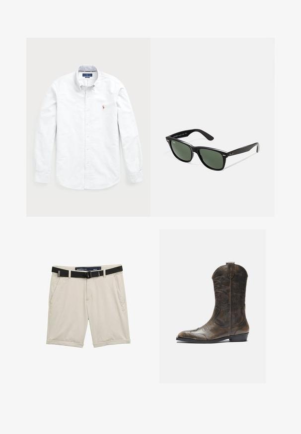 Weißes Langarm-Hemd aus Baumwolle mit Knopfleiste. Verfügt über einen klassischen Kragen, Knopfverschluss und ein kleines gesticktes Logo auf der Brust.; Beige Shorts mit einem schwarzen verstellbaren Gürtel. Aus leichtem Stoff gefertigt, mit seitlichen Taschen und umgeschlagenen Säumen für einen lässigen Look. Größe M.; Braune Leder-Cowboystiefel mit hohem Schaft, spitzem Zehenbereich, aufwendigen Stickmustern und kleinem Absatz. Strukturierte Oberflächenbeschaffenheit.; Schwarze Plastiksonnenbrille mit grünen Gläsern, quadratischen Rahmen, silbernem Akzent auf der Augenbraue und strukturierten Bügeln. Angegebene Marke auf dem inneren Bügel.