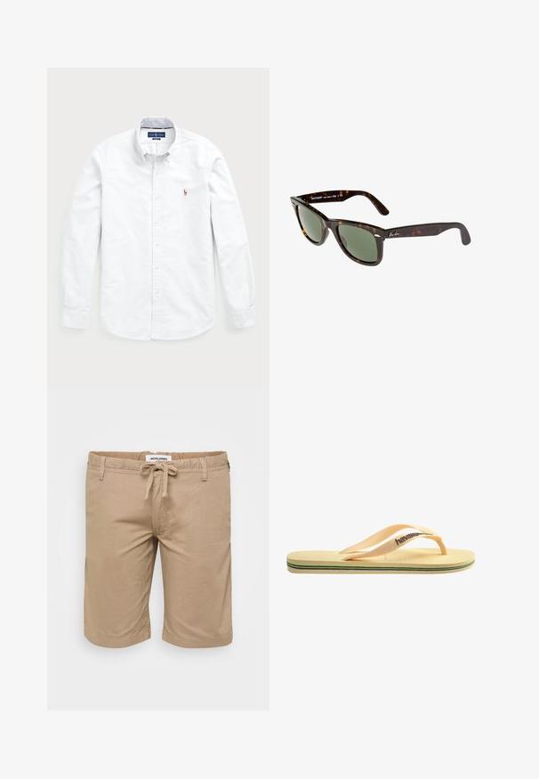 Balta garām piedurknēm poga-krekla krekls, izgatavots no kokvilnas. Iespējojot izkliedētu apkakli, pogu aizdari un mazu izšūtu logotipu uz krūtīm.; Bēši šorti, kas izgatavoti no viegla auduma, ar elastīgu jostasvietu un saistēm, sānu kabatām un brīvu piegriezumu.; Dzeltena gumijas čīpa ar strukturētu zoli, plānām siksniņām un daudzkrāsainām svītrām pa zoli. Zīmola logo uz siksniņas.; Wayfarer saulesbrilles ar tumšu bruņurupuču plastmasas rāmi, zaļiem stikliem un sudraba Ray-Ban logo uz zara.