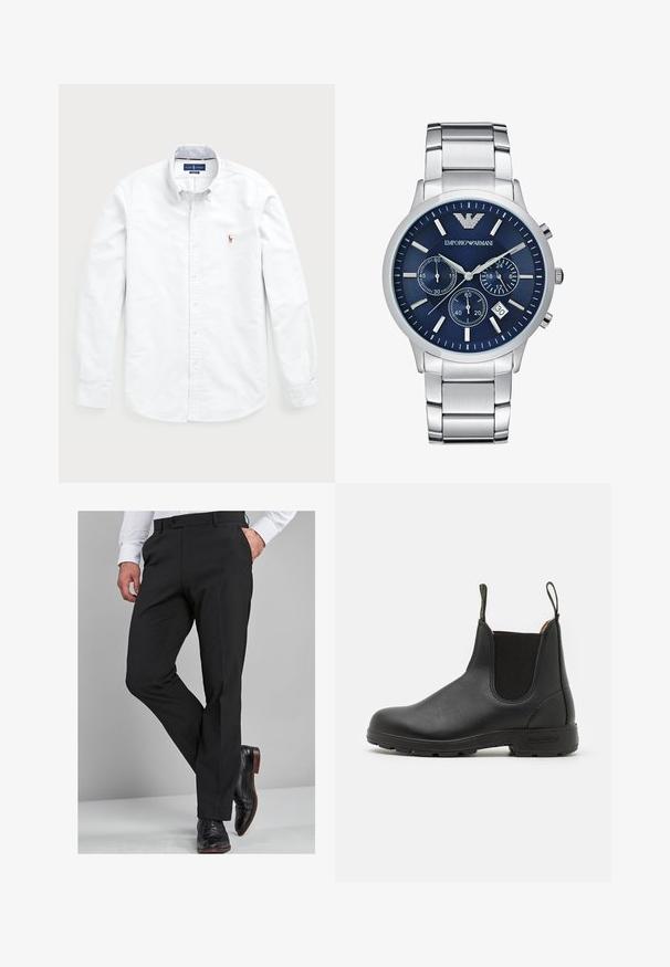 Weißes Langarm-Hemd aus Baumwolle mit Knopfleiste. Verfügt über einen klassischen Kragen, Knopfverschluss und ein kleines gesticktes Logo auf der Brust.; Schwarze Anzughose mit taillierter Passform, die über eine glatte Textur, gerade Beine und Gürtelschlaufen verfügt, kombiniert mit polierten schwarzen Anzugschuhen.; Schwarze Leder-Chelsea-Stiefel mit elastischen Seiteneinsätzen, Zugschlaufe, robustem Gummisohle und gestickten Details. Glatte Oberfläche.; Emporio Armani Chronograph - silver-coloured