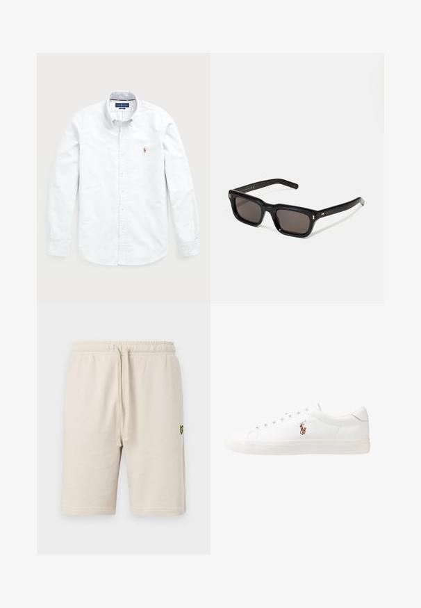 Cămașă albă cu mânecă lungă și nasturi, fabricată din bumbac. Are un guler deschis, închidere cu nasturi și un mic logo brodat pe piept.; Şorturi din bumbac bej cu talie elastică și șnur. Prezintă un logo mic negru pe coapsa stângă. Textură netedă, până la genunchi.; Adidași din piele albă, design de tip low-top, cu o textură netedă, vârf rotund, față șiretată și un mic logo brodat pe lateral.; Ochelari de soare negri, rectangul care au lentile întunecate, ramă din plastic gros, accente aurii pe brațe și logo-ul brandului gravat pe mâner.
