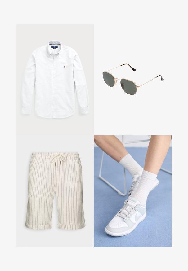 White long-sleeve button-up shirt made of cotton. Features a spread collar, button closure, and a small embroidered logo on the chest.; Linen blend shorts in light beige with subtle vertical brown stripes. Features an elastic waistband with drawstring and rolled hems.; White sneakers with light blue accents, leather upper, perforated toe, thick laces, and ribbed white socks against blue background.; Gold metal-frame sunglasses with dark green lenses, aviator style, featuring slim arms and tortoiseshell accents on the tips.