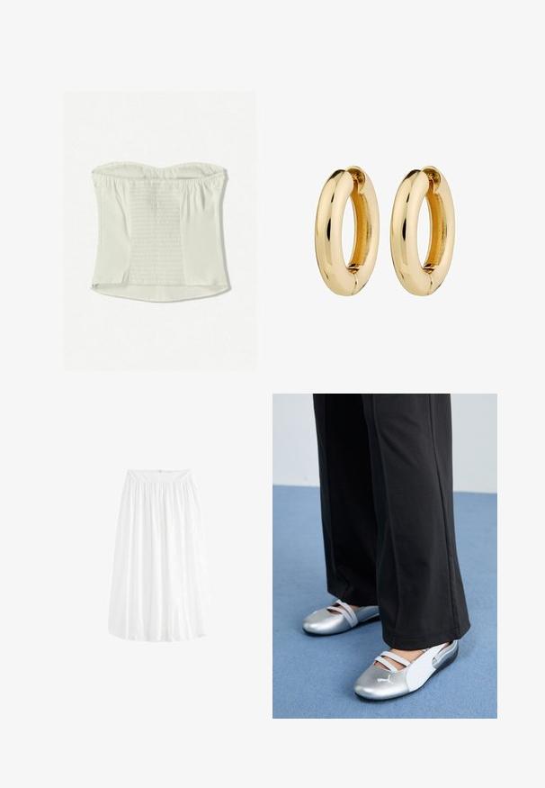 White strapless top with gathered texture at the center, smooth edges, and a concealed side zipper. Soft fabric, fitted silhouette.; White, knee-length skirt made from lightweight fabric. Features an elastic waistband for adjustable fit and soft draping.; Silver and white flat shoes with crossover straps and textured detailing, complemented by loose black trousers. Set against a blue floor.; Gold hoop earrings with a smooth, polished surface and rounded shape. Inner edge features a subtle split detail for fastening.