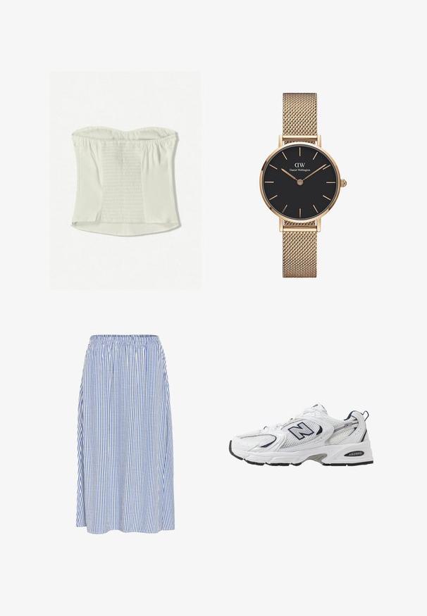 Top alb fără bretele, cu textură plisată în centru, margini netede și fermoar ascuns pe lateral. Material moale, siluetă ajustată.; Fustă midi lejeră, realizată dintr-un material ușor, cu dungi verticale albastre și albe, având o talie elastică și un design fluid.; Shoe sportiv alb cu parte superioară din plasă, accente bleumarin și talpă amortizată. Are logo-ul "N", șireturi și detalii texturate pe lateral.; Ceas cu brățară din plasă aurie de la Daniel Wellington, cu un cadran rotund negru, marcaje orare aurii și logo-ul la 12 fix. Design simplu și elegant.