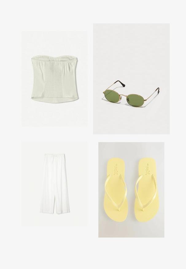 Top bianco senza spalline con texture arricciata al centro, bordi lisci e cerniera laterale nascosta. Tessuto morbido, silhouette aderente.; Pantaloni bianchi a gamba larga con cintura regolabile, mostrati su uno sfondo neutro, che enfatizzano il loro stile rilassato e la trama del tessuto.; Infradito gialli con una soletta testurizzata e cinghie sottili. Il nome del marchio "self." è impresso sulla superficie superiore. Design semplice e materiale morbido.; Occhiali da sole ovali con lenti verdi, montatura in metallo dorato e punte in plastica marrone scuro. Leggeri, con il logo Ray-Ban visibile su una lente.