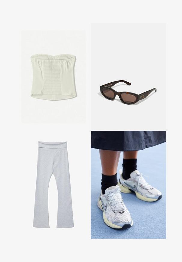 White strapless top with gathered texture at the center, smooth edges, and a concealed side zipper. Soft fabric, fitted silhouette.; Gray flared leggings with a wide, soft waistband, made from a smooth, stretchy fabric. Features a fitted shape and ankle-length cut.; White and silver Nike sneakers with mesh fabric, reflective accents, and a beige sole. Worn with black socks, standing on a blue surface.; Brown tortoiseshell sunglasses with a rectangular shape, dark brown lenses, and gold "vogue" branding on the temples.; Gold-tone bracelet featuring elongated and round links with a lobster clasp and adjustable chain, finished with a charm resembling a shell.