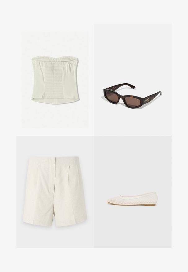 Weißes, trägerloses Top mit geraffter Textur in der Mitte, glatten Kanten und einem verdeckten seitlichen Reißverschluss. Weiches Material, figurbetonte Silhouette.; Beige Leinen-Shorts mit strukturierter Oberfläche, maßgeschneidertem Design, Falten vorne und geradem Schnitt.; Weiße flache Schuhe mit einem Netzdesign, spitz zulaufender Zehenpartie und einer niedrigen, flachen Sohle. Strukturiertes Obermaterial mit einem glatten Innenfutter und subtilen Kontrastakzenten.; Braune Schildpatt-Sonnenbrille mit rechteckiger Form, dunklen braunen Gläsern und goldener "Vogue"-Markierung an den Bügeln.; Weiße Handtasche mit Krokodilprägung, zwei Griffen, rechteckiger Form und Reißverschluss. Vor einem hellen Hintergrund präsentiert.
