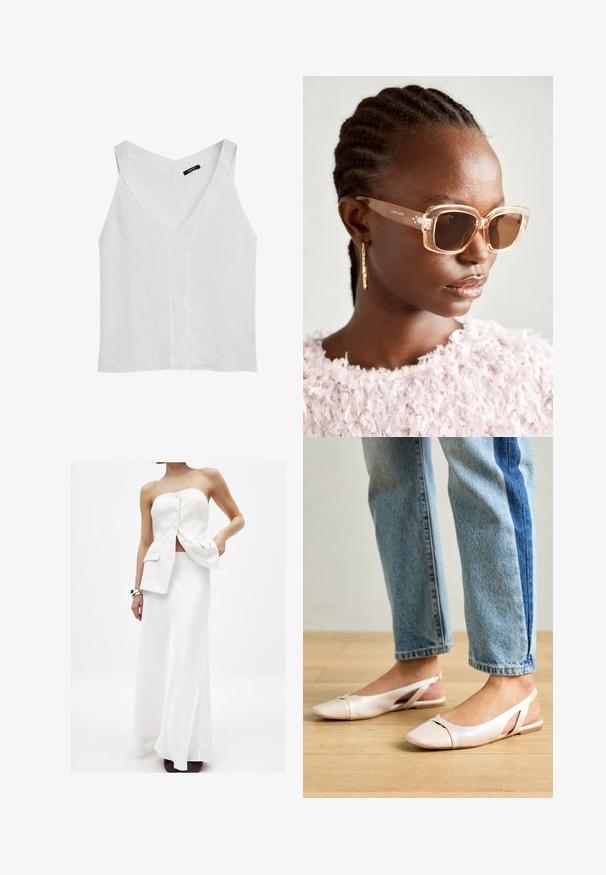 Massimo Dutti FLOWING DOUBLE FABRIC GARMENT - Top - white; Witte tweedelige outfit met een strapless top met knopen en zakken, gecombineerd met een lange, vloeiende rok. Gladde stof en strakke lijnen.; Zachtroze slingback ballerina's met een spitse neus, gemaakt van een glad leerachtig materiaal. Bevat uitsnijdingen aan de zijkanten en heeft een platte hak.; Beige oversized zonnebril met een doorzichtig montuur en bruine getinte glazen, met subtiele bloemaccenten en een gedurfde, geometrische ontwerp.; Bruine suede schoudertas met een brede opening, verlengde hengsels en een trekkoordsluiting met metalen accenten. Glad oppervlak met minimale naden.