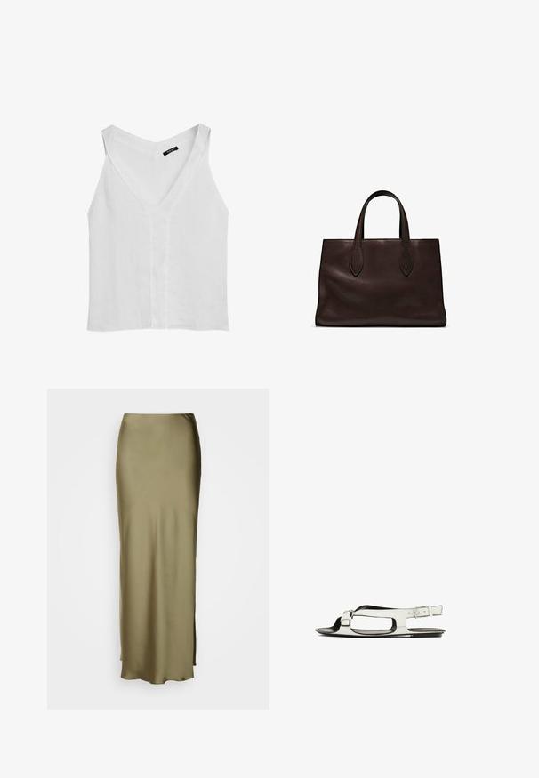 Massimo Dutti FLOWING DOUBLE FABRIC GARMENT - Top - white; Lindex SKIRT MARY - Maxi sukně - dusty green; Bílé kožené sandály s plochou podrážkou, otevřenou špičkou a bočním přezkovým páskem. Obsahují výřezové detaily podél boků.; Hnědá kožená taška přes rameno s dvěma dlouhými uchy, strukturální obdélníkový tvar, hladká textura a jemné švy.