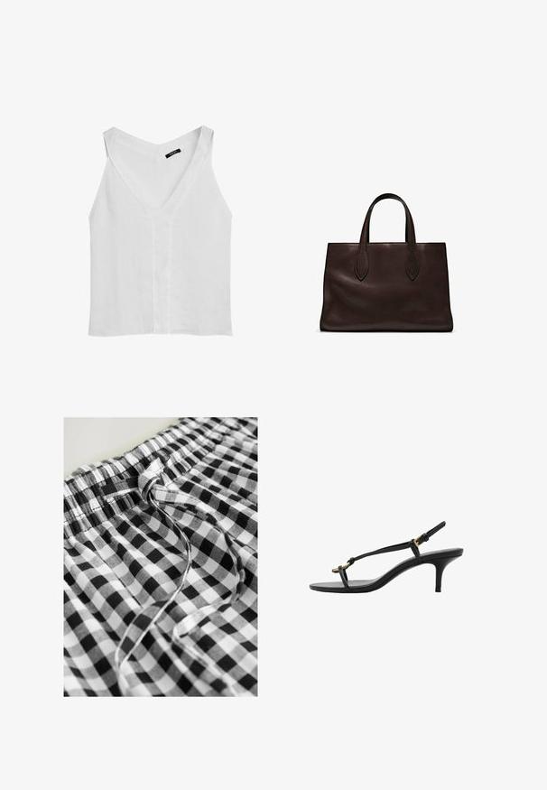 Massimo Dutti FLOWING DOUBLE FABRIC GARMENT - Top - white; Next DROP WAIST - Maxirock - black white gingham; Schwarze Leder-Kitten-Heel-Sandale mit dünnen Riemen, goldener Schnalle und minimalistischer Zehen-Schlaufe vor einem weißen Hintergrund.; Braune Ledertasche mit zwei langen Griffen, strukturierte rechteckige Form, glatte Textur und dezente Nähdetails.