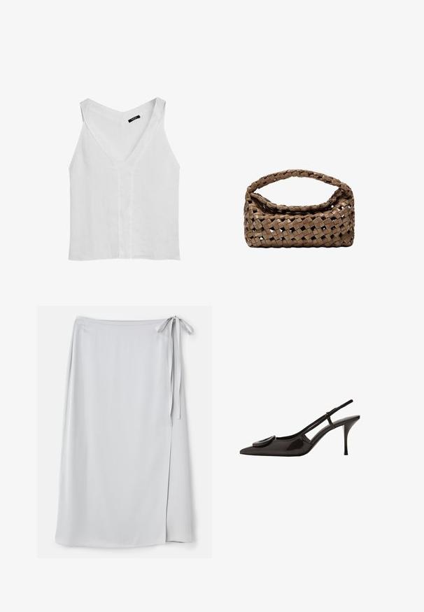 Massimo Dutti FLOWING DOUBLE FABRIC GARMENT - Top - white; Lys grå omslagsnederdel med en glat tekstur, sidelukning med bånd og en subtil slids på venstre side. Enkel design uden mønstre eller accenter.; Sort patenteret læder slingback sko med spids tå, minimalistisk design, lille cirkulært pynt på vampskindsdelen og slank hæl.; Vevet brun håndtaske med rektangulær form, struktureret håndtag og tekstureret overflade. Har en lukket top og et indviklet vævemønster.