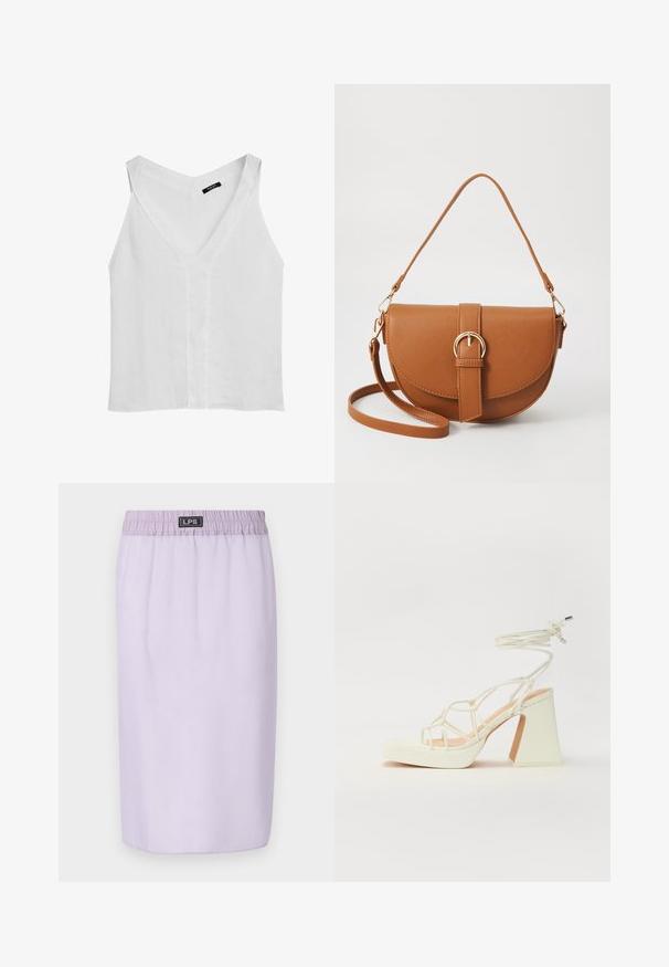 Massimo Dutti - Top; Lila spódnica z elastycznym paskiem w talii, do kolan, o gładkiej fakturze, bez widocznych wzorów czy akcentów. Logo marki na pasku.; Biała sandał na wysokim obcasie z masywnym słupkiem, z paskowym wzorem i wiązaniem przy kostce. Gładka faktura z platformą z przodu dla dodatkowej wysokości.; Brązowa skórzana torba na ramię o zaokrąglonym kształcie, ze złotymi akcentami i zapięciem w formie klamry. Posiada odpinany pasek na ramię.