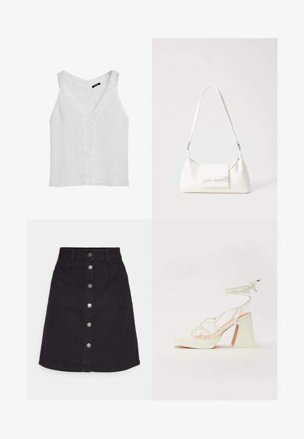 Massimo Dutti - Top; Czarna denimowa spódnica z pionową zapięciem na guziki i pięcioma kieszeniami. Posiada prosty krój i obręb, wykonana z mocnej bawełny.; Biała sandał na wysokim obcasie z masywnym słupkiem, z paskowym wzorem i wiązaniem przy kostce. Gładka faktura z platformą z przodu dla dodatkowej wysokości.; Biała syntetyczna torba o trójkątnym kształcie, płaskim przednim klapce i detalach w postaci kokardy, regulowanym pasku, gładkiej fakturze oraz minimalistycznym designie.