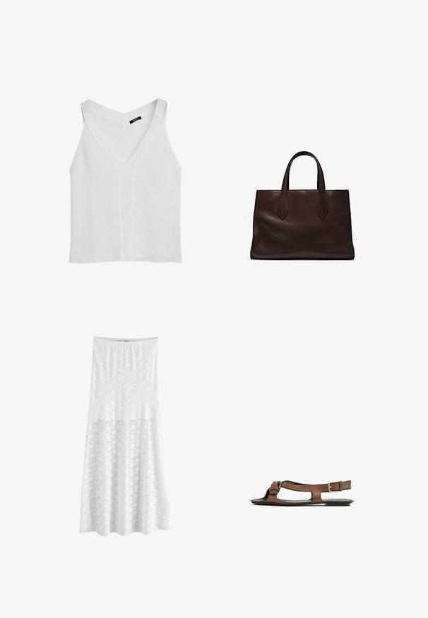 Massimo Dutti FLOWING DOUBLE FABRIC GARMENT - Débardeur - white; Next REGULAR FIT - Jupe longue - white; Sandale en cuir brun avec un bout ouvert et des découpes sur les côtés. Présente une sangle de cheville avec une boucle en métal et une semelle plate.; Sac tote en cuir marron avec deux poignées allongées, forme rectangulaire structurée, texture lisse et détails de couture subtils.