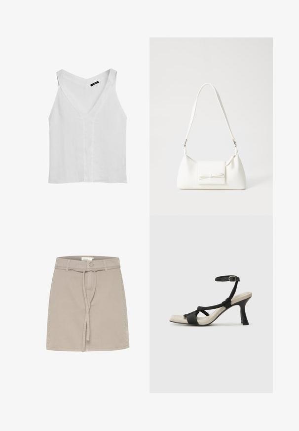 Massimo Dutti FLOWING DOUBLE FABRIC GARMENT - Top - white; Beige denim miniskirt met riemlussen, voorknoop en decoratieve studs aan de rechterzijde. Glad textuur en gestructureerde vorm.; Zwarte hoge hak sandaal met een gevlochten bandontwerp, vierkante teen en verstelbare enkelband. Lichtbeige voetbed met een glanzende zwarte hak.; Witte synthetische handtas met een driehoekige vorm, platte voorklep en strikdetail, verstelbare schouderriem, gladde textuur en minimalistisch ontwerp.