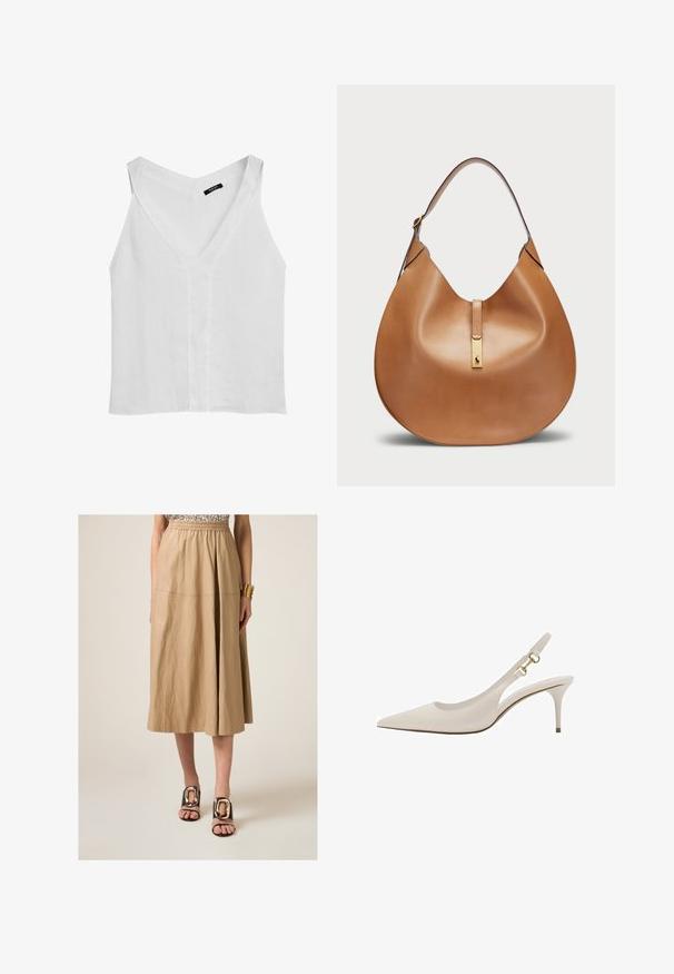 Massimo Dutti FLOWING DOUBLE FABRIC GARMENT - Top - white; Beige, middellange rok met een elastische tailleband, met een zachte, gekreukte textuur. Gepaard met zwarte slidesandalen versierd met gouden hardware accenten.; Beige leren slingback schoen met een spitse neus, dunne hak en gouden hardware accenten op de band. Glad oppervlak overal.; Tan leren handtas met een gebogen vorm en een brede schouderband. Heeft een gouden metalen accent in het midden en een gladde textuur.