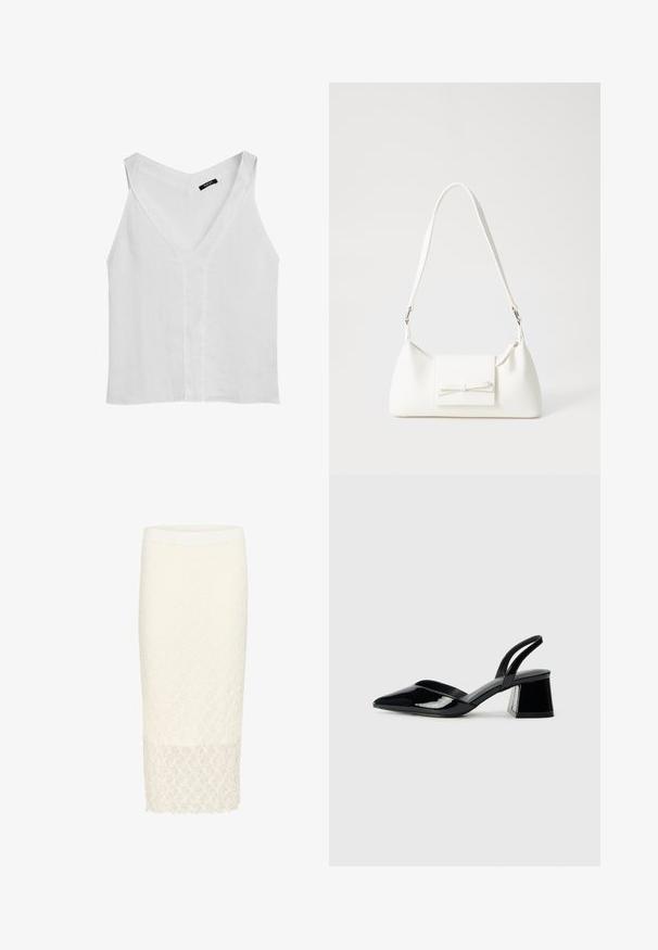 Massimo Dutti - Top; Biała koronkowa spódnica o kroju ołówkowym z teksturowanym kwiatowym wzorem, sięgająca do kolan, z jednolitą talią. Gładkie wykończenie u dołu.; Czarne lakierowane półbuty na obcasie z wydłużonym noskiem i geometrycznym słupkiem. Charakteryzują się eleganckim, minimalistycznym designem oraz gładką fakturą.; Biała syntetyczna torba o trójkątnym kształcie, płaskim przednim klapce i detalach w postaci kokardy, regulowanym pasku, gładkiej fakturze oraz minimalistycznym designie.