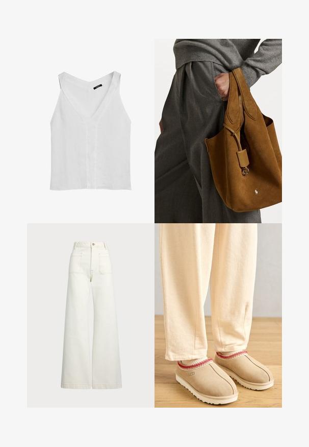 Massimo Dutti FLOWING DOUBLE FABRIC GARMENT - Top - white; Pæne brede jeans i off-white denim. Høj talje med knaplukning, to forlommer og detaljer med kontrastsyning.; Tan suede klipklapper med rød dekorativ trim og hvid gummisål, parret med lyse beige bukser, placeret på et trægulv.; Brun ruskind totebag med rund form, dobbelte håndtag og metalhardware detaljer. Har et lille logo foran.