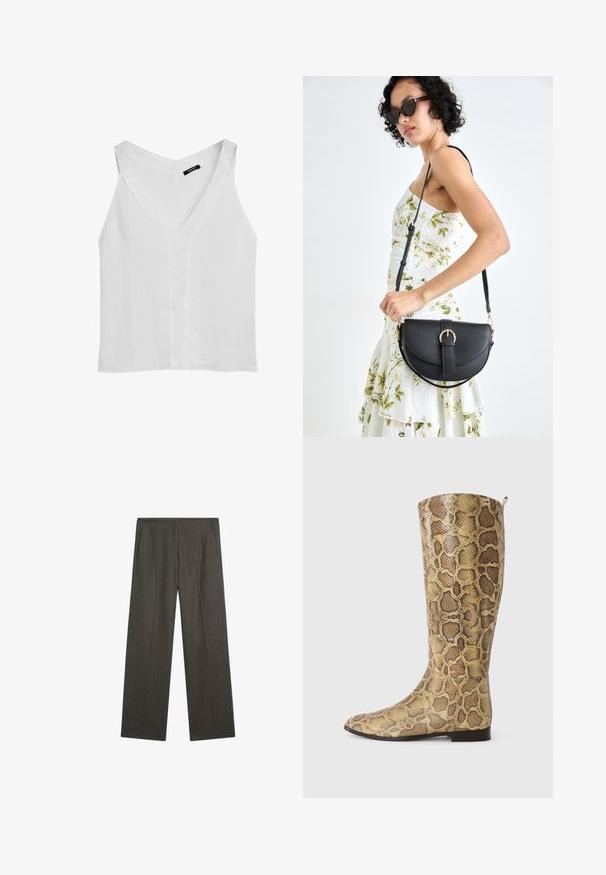 Massimo Dutti FLOWING DOUBLE FABRIC GARMENT - Top - white; Dark gray, wide-leg trousers made from textured fabric, featuring two side pockets and a clean front crease. Simple, tailored design.; Knee-high boots in a snake print design with a textured golden-brown pattern, featuring a flat sole and a subtle pull tab at the top.; Black leather handbag with a curved shape, detachable strap, and gold hardware. The bag features a flap with a buckle detail.