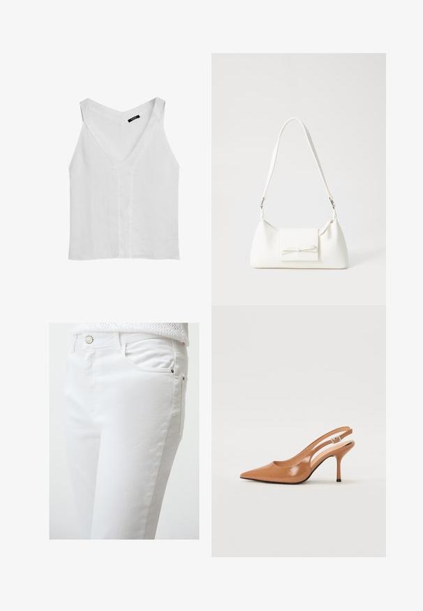 Massimo Dutti FLOWING DOUBLE FABRIC GARMENT - Top - white; Witte denim jeans met een gladde textuur, met een voorklep, zilveren knoopsluiting en zijnaaddetails.; Puntige slingback hak in een glad, glanzend beige materiaal. Bevat een gebogen uitsnijdontwerp en een slanke stiletto hak. Zilveren gesp detail.; Witte synthetische handtas met een driehoekige vorm, platte voorklep en strikdetail, verstelbare schouderriem, gladde textuur en minimalistisch ontwerp.