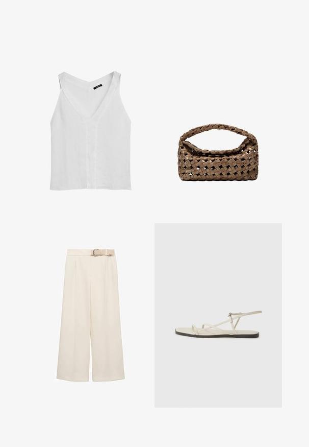 Massimo Dutti FLOWING DOUBLE FABRIC GARMENT - Top - white; Bredde ben bukser i en lys cremefarve, med flad front, folder og et matchende bælte med en metalspænde.; Beige flad sandal med flere slanke stropper og en justerbar spænde. Sålen er flad med en let mørkere kontrast ved kanten.; Vevet brun håndtaske med rektangulær form, struktureret håndtag og tekstureret overflade. Har en lukket top og et indviklet vævemønster.