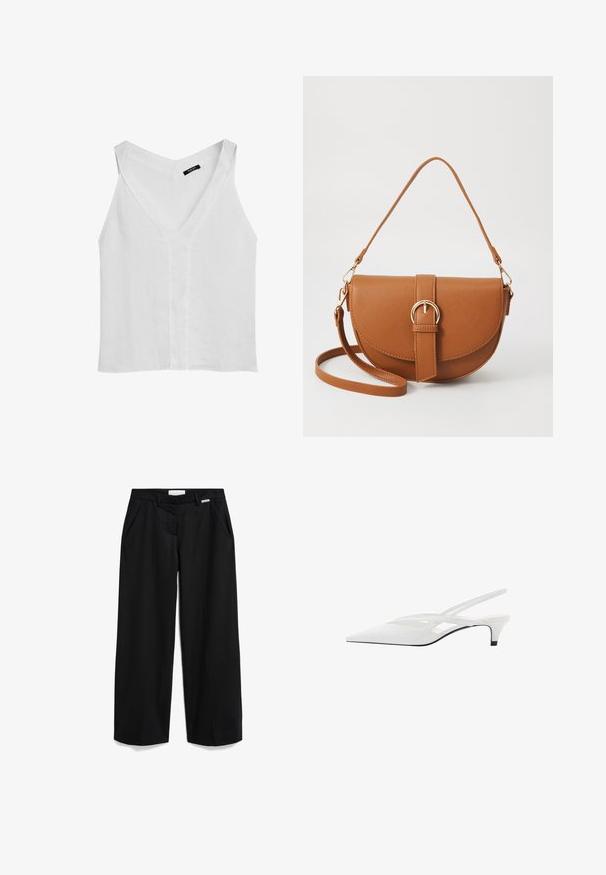Massimo Dutti FLOWING DOUBLE FABRIC GARMENT - Top - white; Schwarze weit geschnittene Hosen mit einer glatten Textur, ausgestattet mit seitlichen Taschen, einem Reißverschluss und einem kleinen weißen Etikett am Bund.; Weißer Slingback-Absatzschuh mit spitzer Zehenpartie, featuring ein glattes Obermaterial, subtile Ausschnitte und einen niedrigen Blockabsatz. Die schwarze Sohle betont das Design.; Braune Leder-Crossbody-Tasche mit geschwungener Form, goldfarbenen Beschlägen und einer Schnallenakzentuierung. Verfügt über einen abnehmbaren Schultergurt.