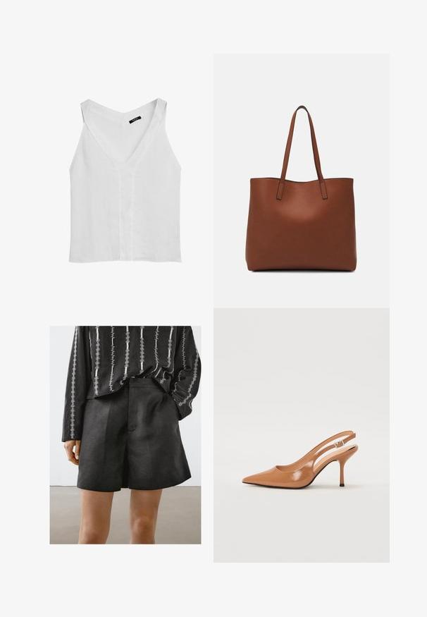 Massimo Dutti FLOWING DOUBLE FABRIC GARMENT - Top - white; Massimo Dutti BERMUDA - Shorts - black; Pointed toe slingback heel in a smooth, glossy tan material. Features a curved cutout design and a slender stiletto heel. Silver buckle detail.; Brown leather tote bag with a smooth texture, open top design, and two shoulder straps. Features minimal stitching and no visible hardware.