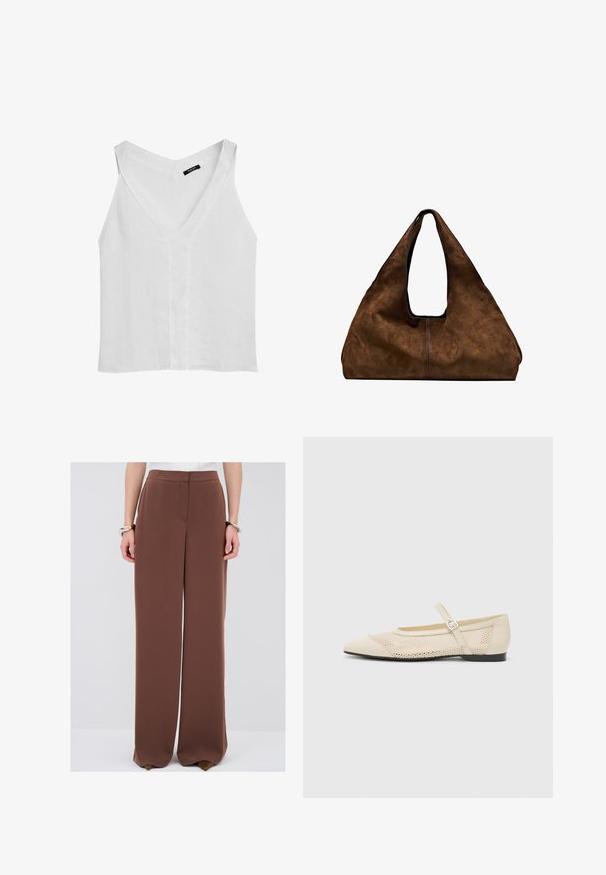 Massimo Dutti FLOWING DOUBLE FABRIC GARMENT - Top - white; Bruine wijde broek van een gladde stof. Heeft een op maat gemaakte taille en geen zichtbare zakken, met een schone, vloeiende silhoutte.; Beige ballerina's met een spitse neus, een overlay van gaasontwerp en een zijgesp voor het vastzetten. Platte zool met een gladde textuur.; Bruine suède schoudertas met een open bovenkant. Heeft een diepe, brede vorm, een uitsnijdend handvat en een minimale stiksels voor een strak ontwerp.