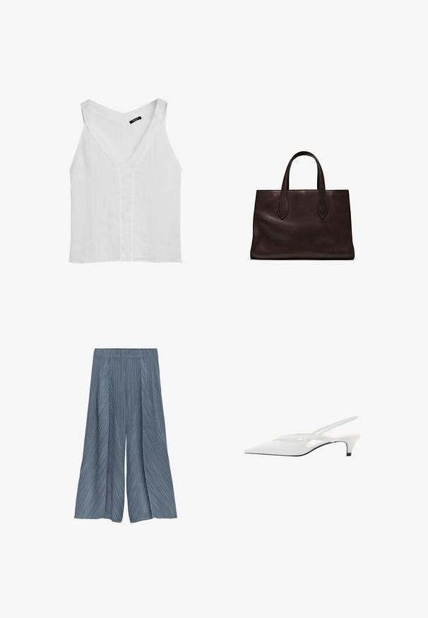 Massimo Dutti - Top; Spodnie wykonane z lekkiego materiału, z plisowanym designem w stonowanym niebieskim kolorze, z pionowymi paskami i elastycznym paskiem w talii.; Biała szpilka na odkrytej pięcie z ostrym noskiem, charakteryzująca się gładką cholewką, subtelnymi wycięciami i niskim obcasem w kształcie bloku. Czarna podeszwa podkreśla design.; Brązowa skórzana torba tote z dwoma wydłużonymi uchwytami, usztywnionym prostokątnym kształtem, gładką teksturą i subtelnymi detalami przeszycia.