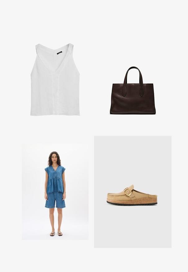 Massimo Dutti FLOWING DOUBLE FABRIC GARMENT - Top - white; Denimový outfit se skládá z trička s krátkým rukávem a výstřihem do V a kraťasů po kolena. Tkanina je modrá, s volným střihem a viditelnými detaily prošívání.; Béžové dřeváky s širokým popruhem a zlatou sponou, vyrobené z měkkého materiálu, s korkovou mezipodešví a strukturovanou černou gumovou podrážkou.; Hnědá kožená taška přes rameno s dvěma dlouhými uchy, strukturální obdélníkový tvar, hladká textura a jemné švy.