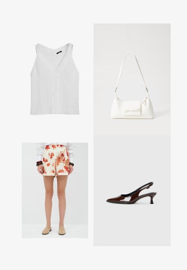 Massimo Dutti FLOWING DOUBLE FABRIC GARMENT - Top - white; Blomsterede shorts i creme med røde og orange mønstre, skræddersyet med folder foran og omvendte cuffe, lavet af letvægtigt stof.; Brun patenteret læder slingback sko med spids tå og en moderat hæl. Har en spænde rem for en sikker pasform. Glat tekstur.; Hvid syntetisk håndtaske med en trekantet form, flad forsideklap og sløjfedetalje, justerbar strop, glat tekstur og minimalistisk design.
