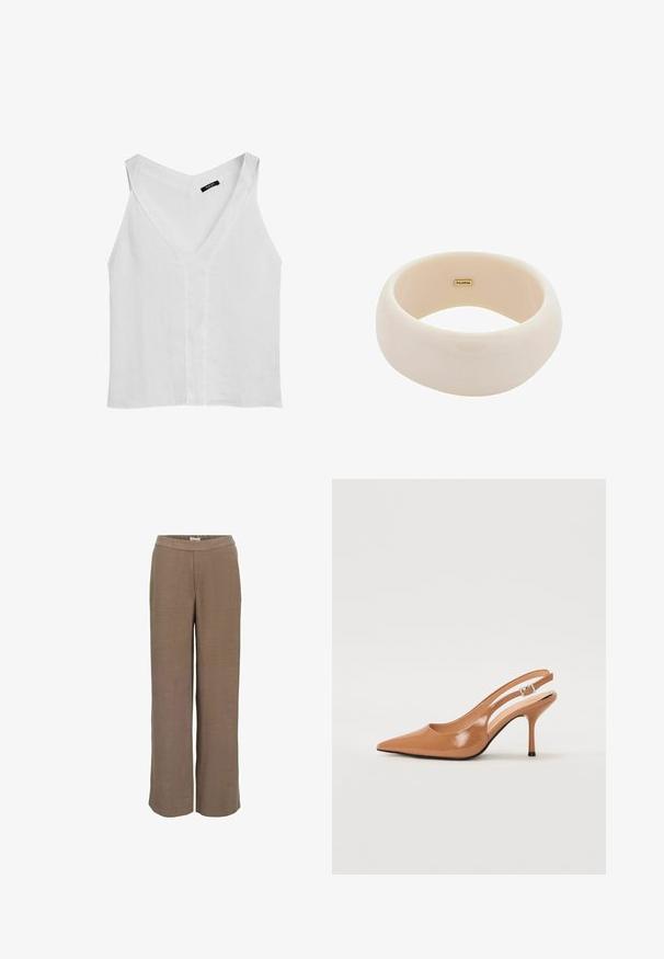 Massimo Dutti FLOWING DOUBLE FABRIC GARMENT - Linne - white; Vida byxor med vida ben i en neutral brun nyans, med en slät yta och ett elastiskt midjeband för komfort och lätthet vid användning.; Tåspets slingback-häl i ett slätt, glansigt brunt material. Har en kurvad utskärning och en smal stilettklack. Silverdetalj med spänne.; Ljus beige armband gjort av slät resin. Rundad form med en enhetlig yta och en liten guldlogotyp på insidan.