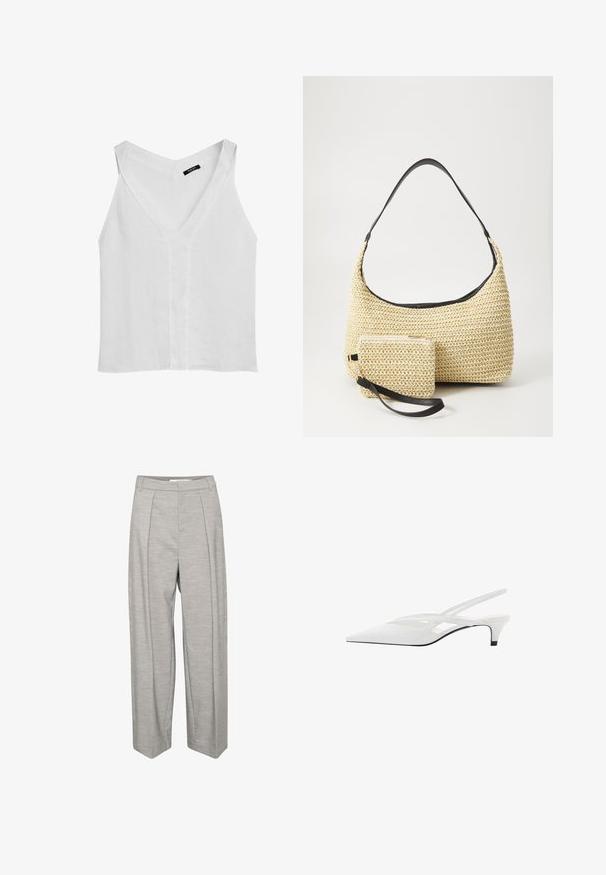 Massimo Dutti FLOWING DOUBLE FABRIC GARMENT - Top - white; Světle šedé kalhoty s širokými nohavicemi a hladkým povrchem, které mají dva přední sklady, pas a rovně střižené nohavice.; Bílé slingback podpatky se špičatou špičkou, s hladkým svrškem, jemnými výřezy a nízkým blokovým podpatkem. Černá podrážka zvýrazňuje design.; Tkaná slaměná taška s zakřiveným siluetou, která má hladký černý kožený popruh a odpovídající malou taštičku připevněnou zápěstním páskem.
